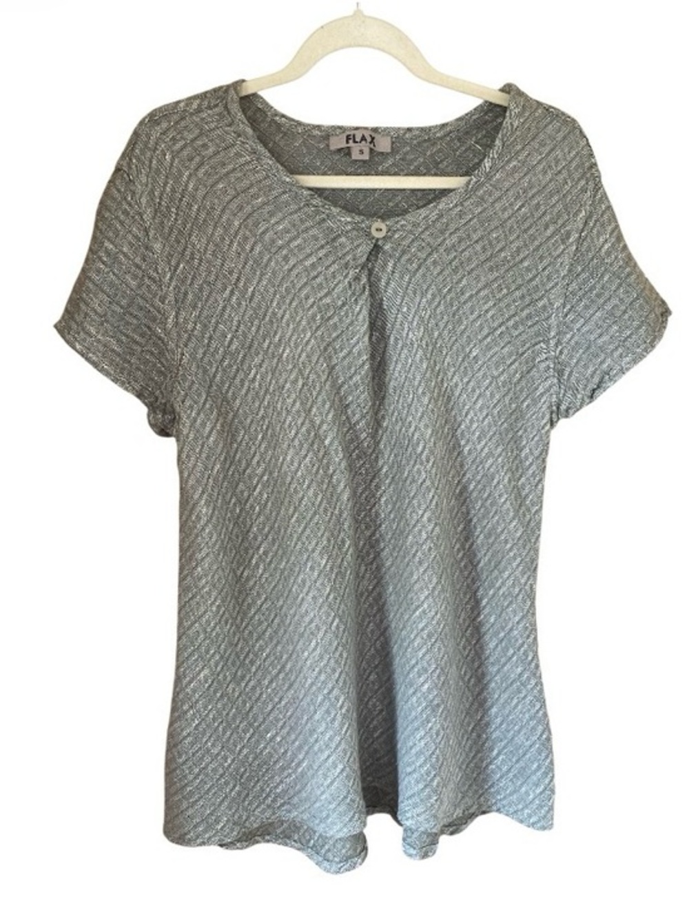Flax Womens Medium Green 100% Linen Diamond Pattern Short Sleeve Blouse Top S